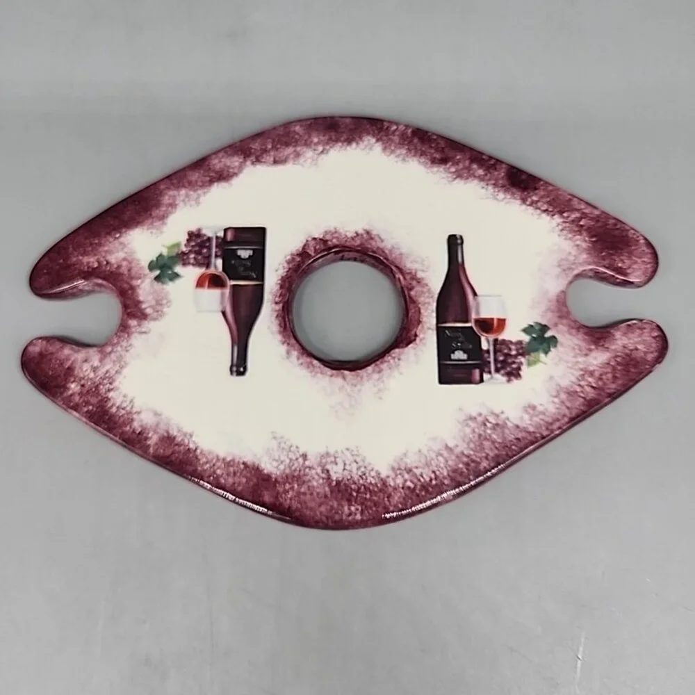 Wine Bottle and Glasses Holder Hand Painted Grapes Ceramic Caddy Grapes